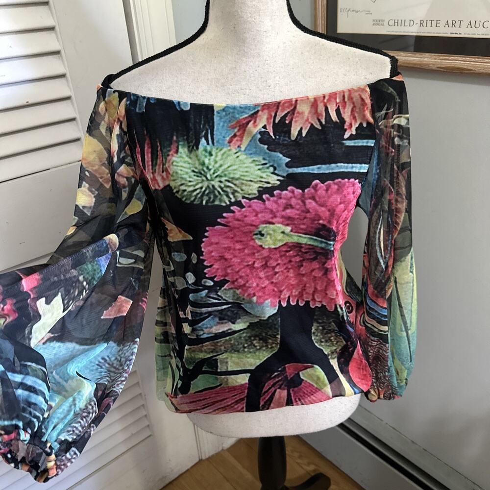 Elana Kattan Top Womens Small Black Floral Mesh Watercolor Artsy Off Shoulder